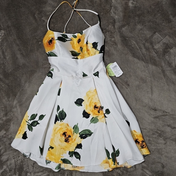 Windsor ✦ Floral Fit & Flare Dress ✦ White & Yellow Summer Print w/ Lace-Up Back - Picture 10 of 17